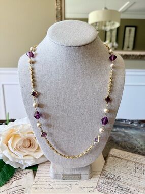Beautiful Faux Pearl and Amethyst Tone Necklace by Bijoux D'Orlan Paris